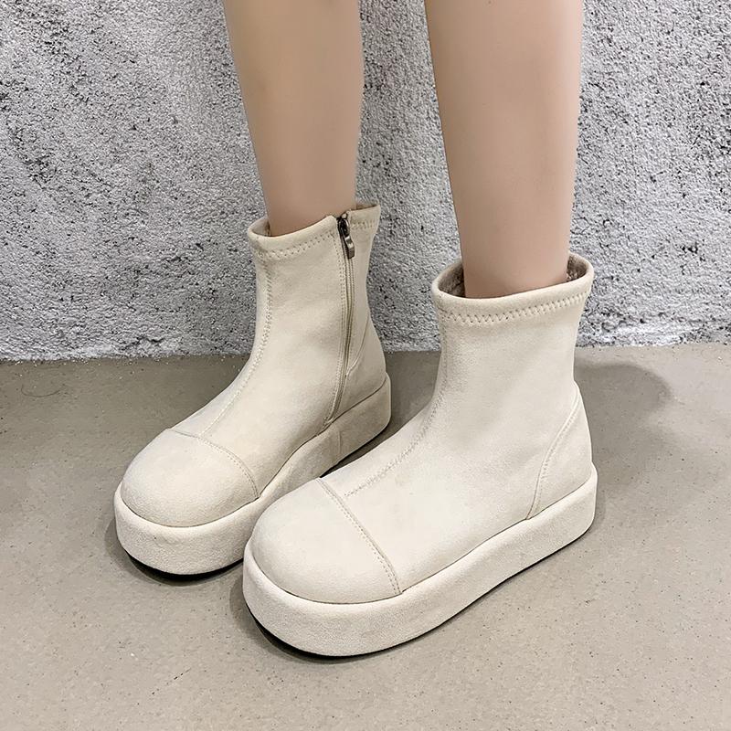 Fashion Platform Short Thigh Boots Women's Fashion Round Toe Spliced Suede Side Zipper Non-Slip and Anti-Slip Flats