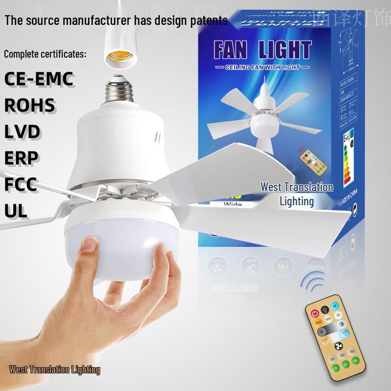 LED E27 Remote-Controlled Fan Light with Three-Color Dimming for Home and Bedroom