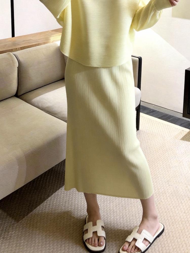 Spring 2026 Miyake Style: Round Neck Long Sleeve Top & Pleated High-Waist Skirt Set One Size
