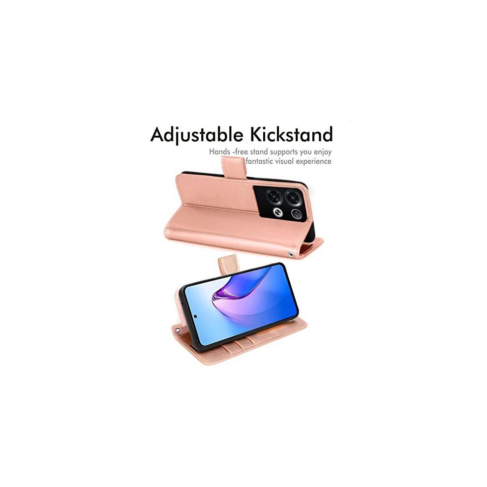 (Rose Gold) PU Leather Wallet Case for Oppo Reno 8 Pro 5G, Flip Protective Case Cover with Wallet Card Holder, Stand & Wrist Strap, Magnetic Closure
