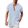 Estate Nuova Maglietta a Maniche Corte in Cotone Lino da Uomo Mezza Bottonatura Collo Henley Tinta Unita Traspirante Leggera Top Maschili