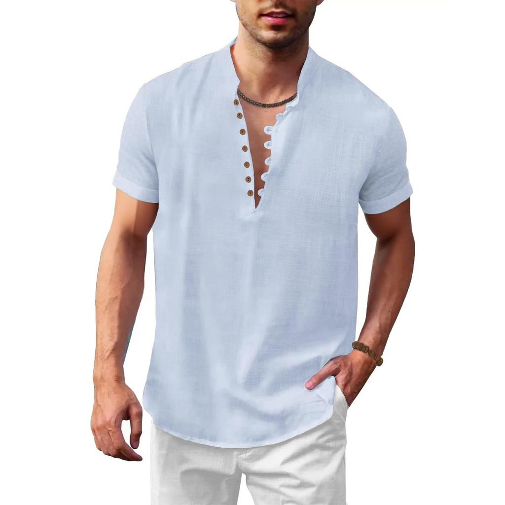 Estate Nuova Maglietta a Maniche Corte in Cotone Lino da Uomo Mezza Bottonatura Collo Henley Tinta Unita Traspirante Leggera Top Maschili