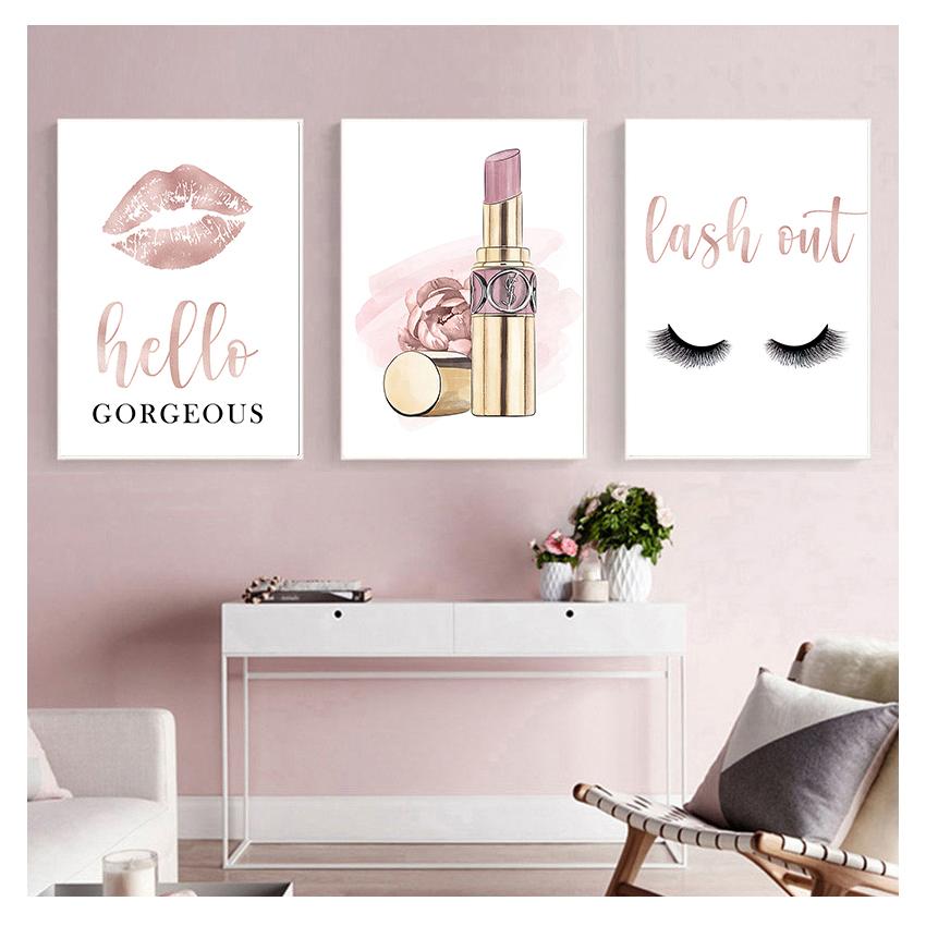 Posters and Prints Hello Gorgeous Sign Rose Gold Canvas Painting Girls Gifts Wall Art Decor Fashion Eyelashes Lipstick Makeup