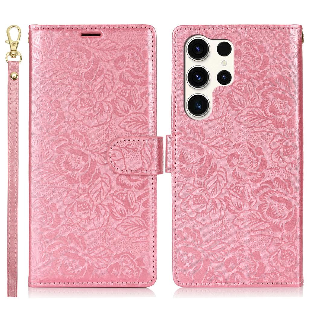 For Samsung Galaxy S25 Ultra Case with Hand Strap Flower Imprint Leather Wallet Phone Cover