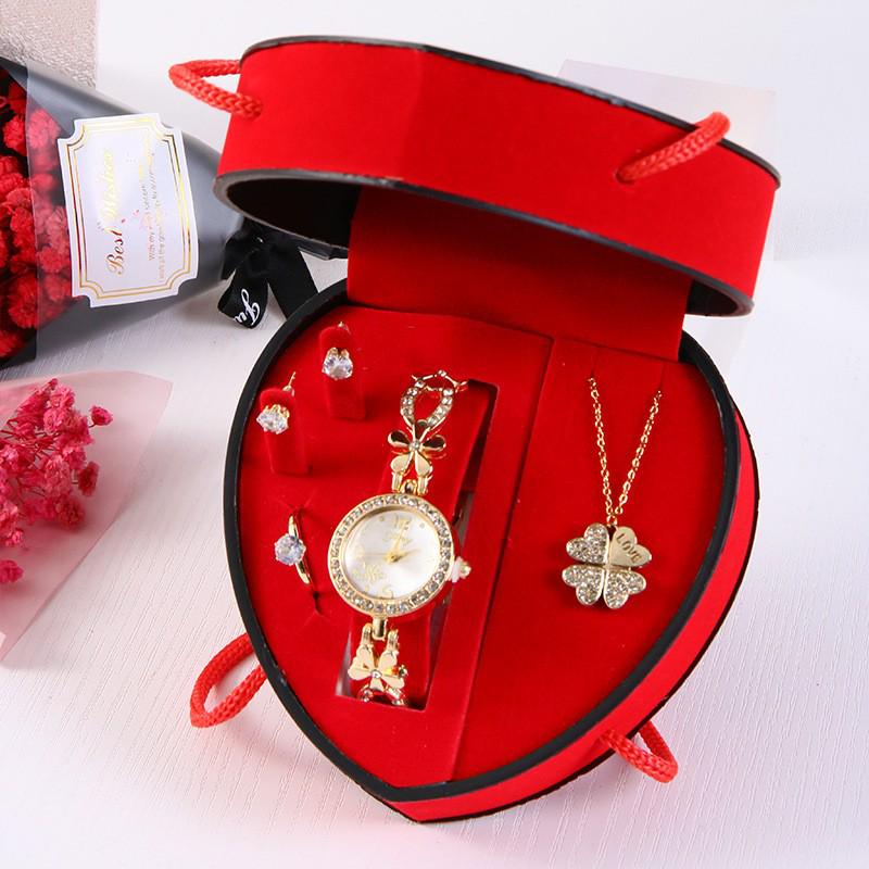 Heart-Shaped Diamond Watch & Necklace Set - Stainless Steel Gift Box for Teacher's Day or Holiday Gift for Girlfriend