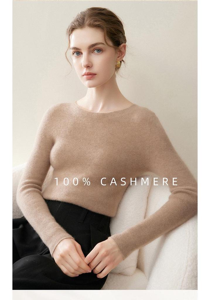 Women's 100% Pure Cashmere Slim Fit Round Neck Long Sleeve Sweater - Warm, Knit, Autumn/Winter.