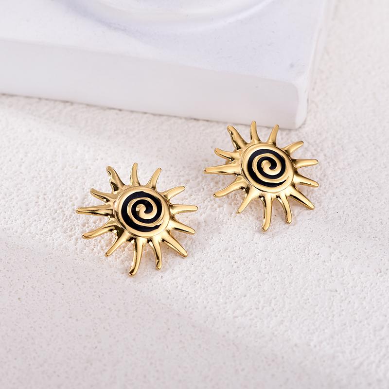 

Fashion Geometric Flower Stainless Steel Earrings For Women Sweet Enamel Sunflower Gold Color Ear Piercing Stud Vintage Zircon чорний