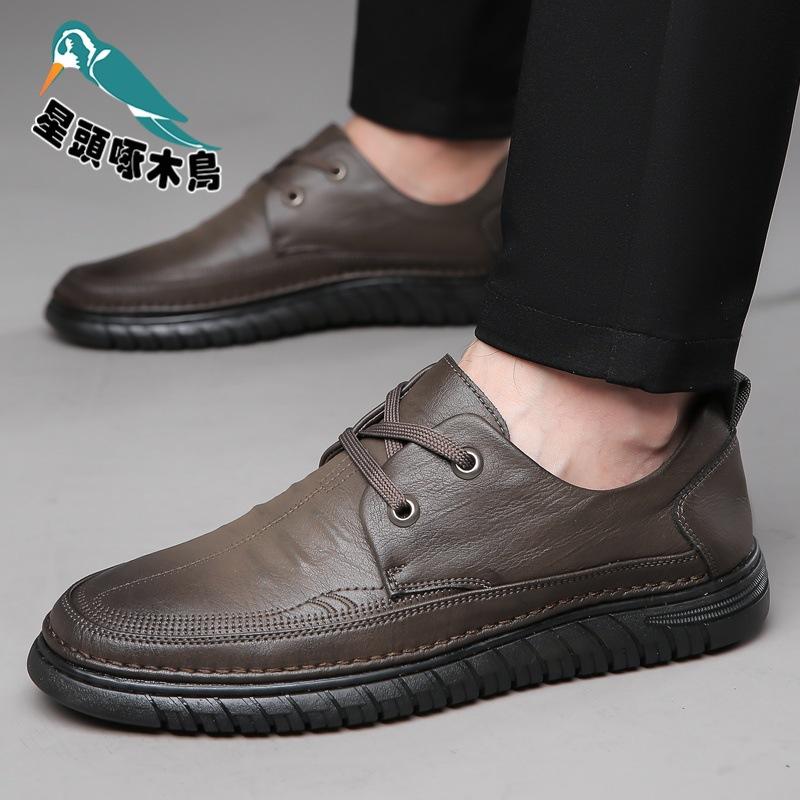 2025 Spring New Men's Casual Leather Shoes Lace-up Doudou Shoes Hand-stitched Cow Shoes