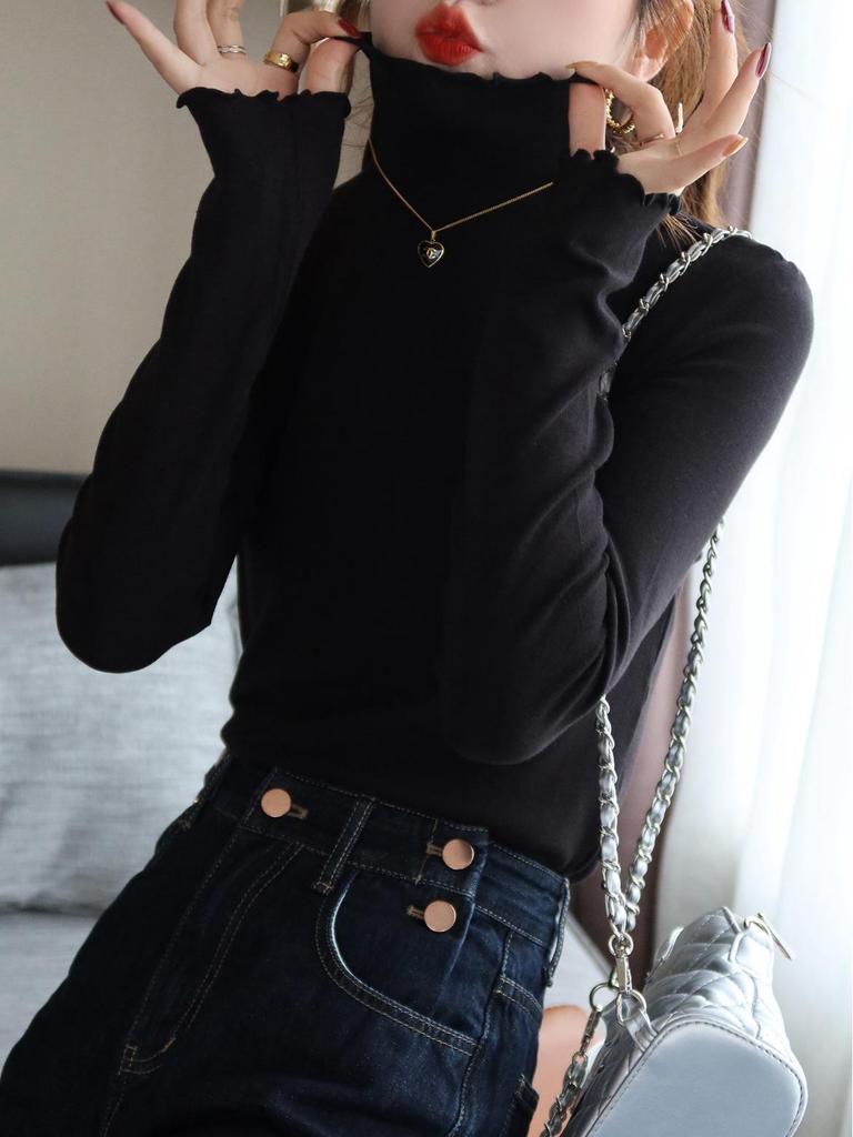 Women's Autumn/Winter 2024 Slim Fit High-Neck Purple Wood Ear Trim Top