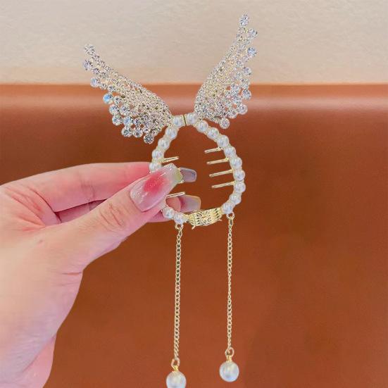 Elegant Flower Faux Pearl Tassel Hair Claw Shining Rhinestone Hair Clip Women Hair Barrette Girl Bun Hair Holder Fringe Hairpin Jewelry Hair