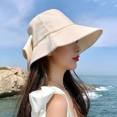 Klobouk typu bucket hat s ručně vázanou mašlí, plochým vrchlíkem a širokou krempou, dámský rybářský klobouk, letní venkovní klobouk na ochranu před sluncem