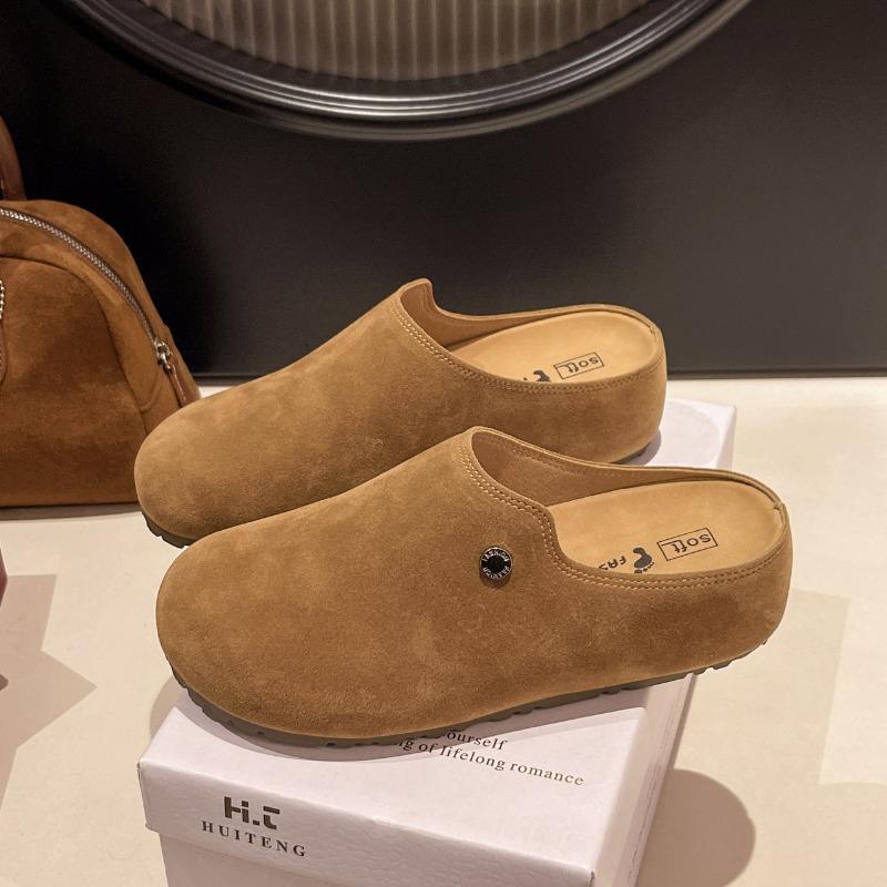 Retro Baotou women's spring new leather thick-soled non-slip one-pedal lazy half slippers outer wear