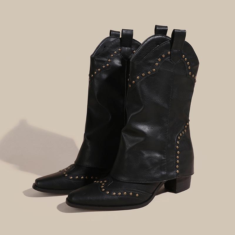 Retro Short Boots Brown Boots Fashion Western Cowboy Boots Riveted Chelsea Medium Tube Boots Women