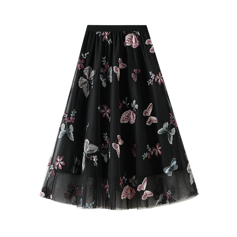 Women’s Tulle Skirts Midi Elastic High Waist Pleated Mesh Layered Flowy Ruffle A-Line Long Tutu Skirts Casual Beach Swing Outfit Skirts for Women