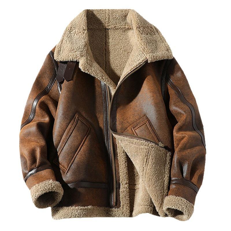 Herren Retro Wildleder Lammwolle Verdickte Winter Fleecegefütterte Leder Motorradjacke (Übergröße)