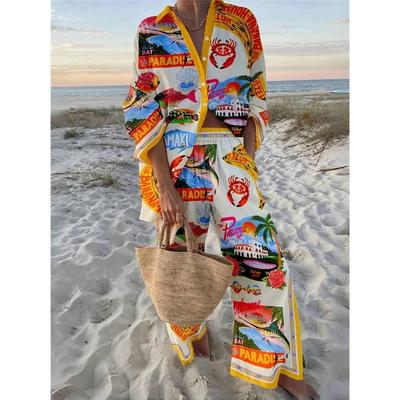 Women's Sets Vacation Style Cruise Clothing Seaside Tropical Printing Shirt Trousers 2 Piece Set