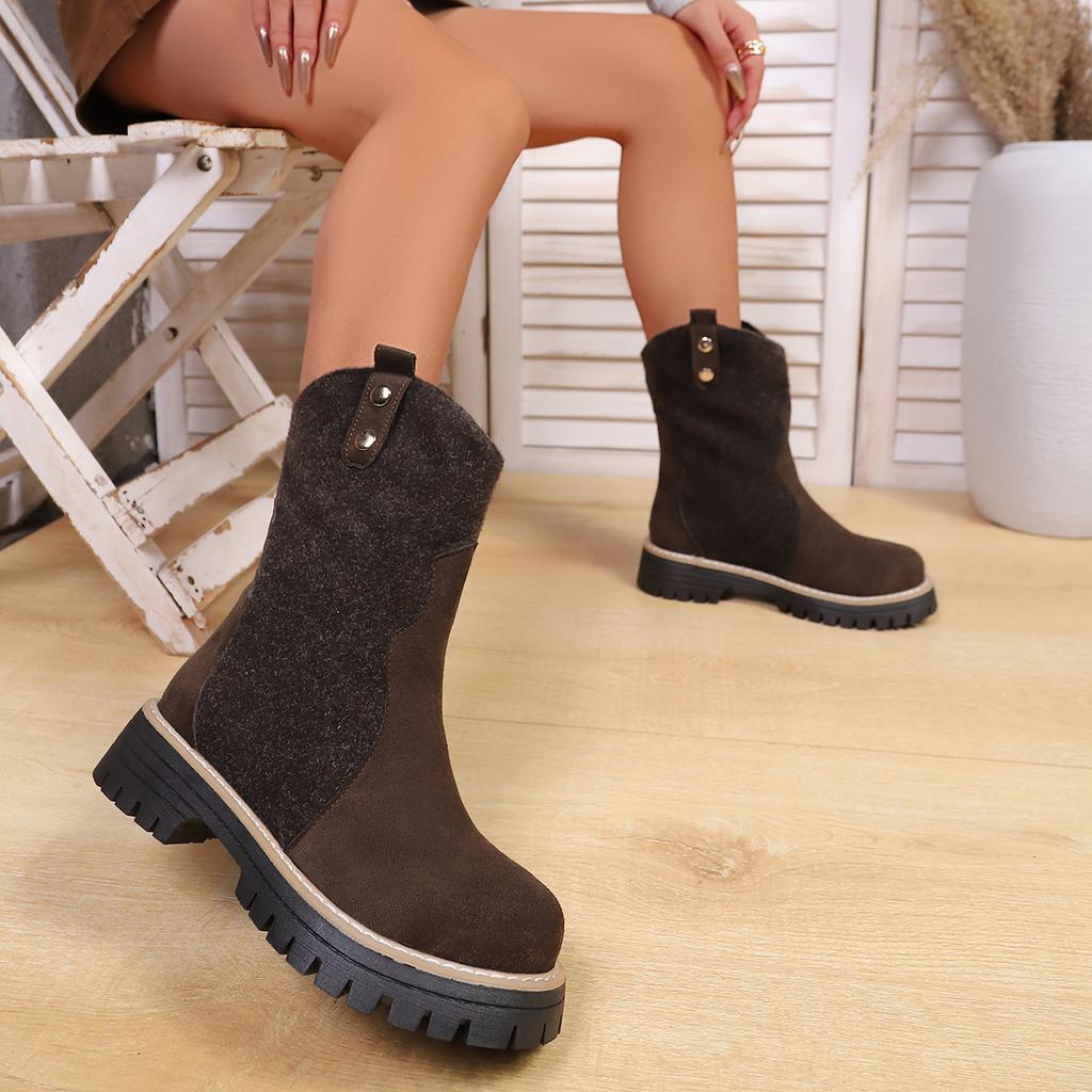 Retro winter mid-tube stack mid-tube boots women's autumn new western Martin boots round head pleated cigarette boots large size