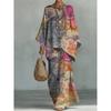 16 European and American artistic sense abstract graffiti cotton and linen set, round neck bat sleeve top + wide leg pants loose two-piece set
