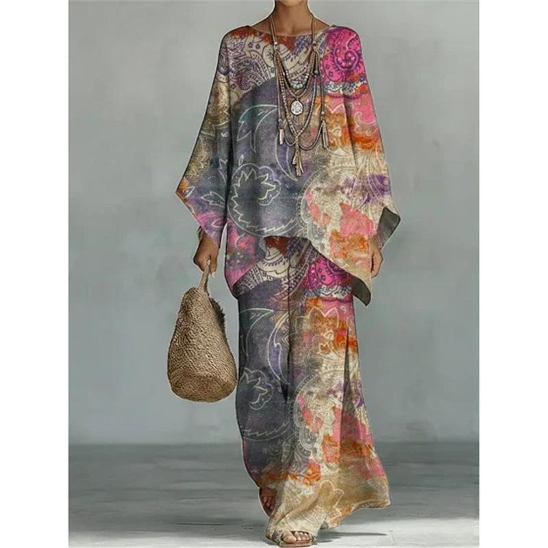 16 European and American artistic sense abstract graffiti cotton and linen set, round neck bat sleeve top + wide leg pants loose two-piece set