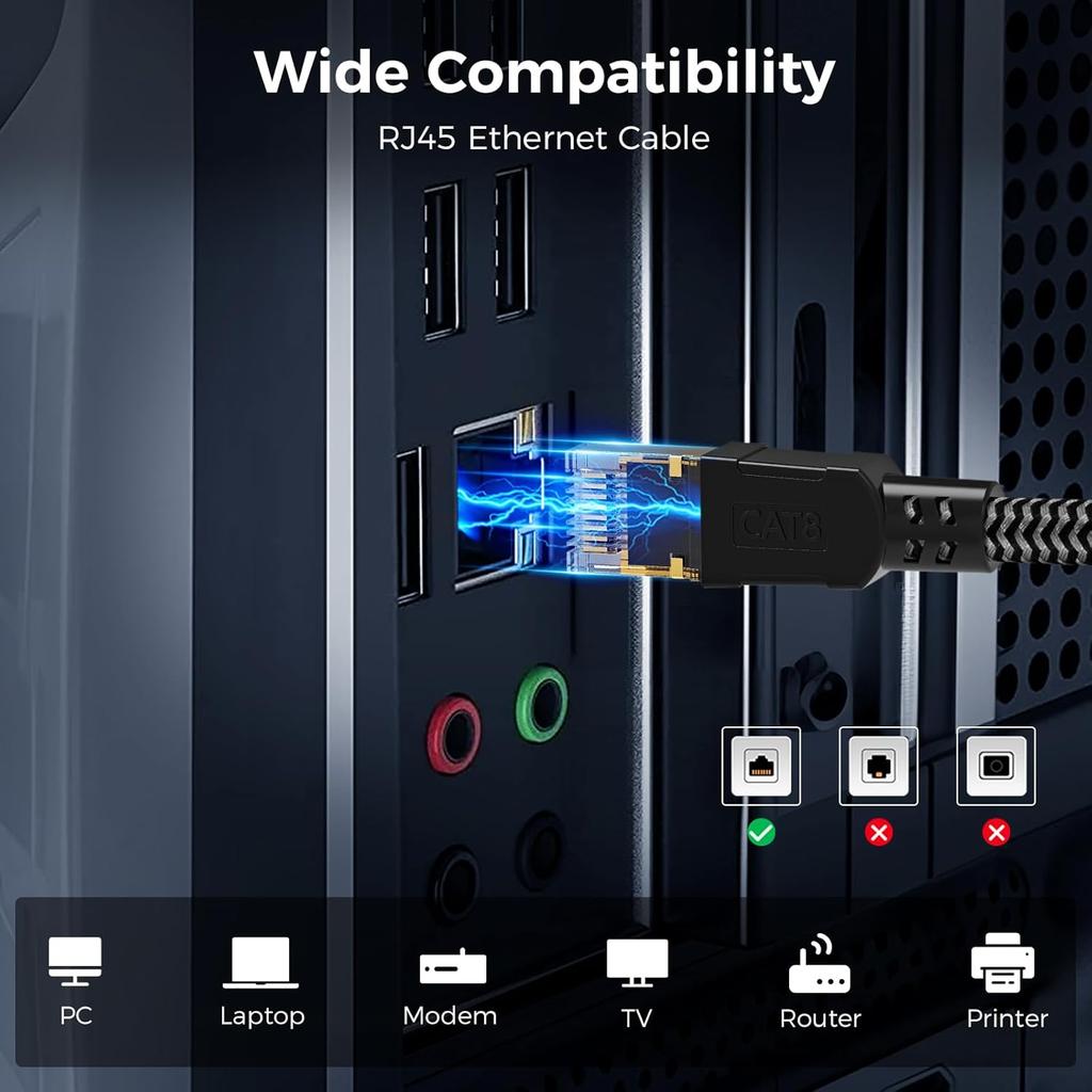 Cat 8 Ethernet Cable 1FT, High-Speed Braided Internet Cable Network Cord with Gold Plated RJ45 Connector 40Gbps 2000Mhz Heavy Duty LAN Cable Shielded