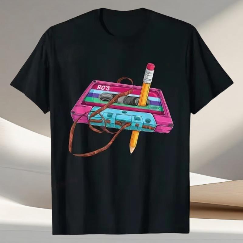 80s Retro Cassette Tape Pencil Graphic T-shirt M