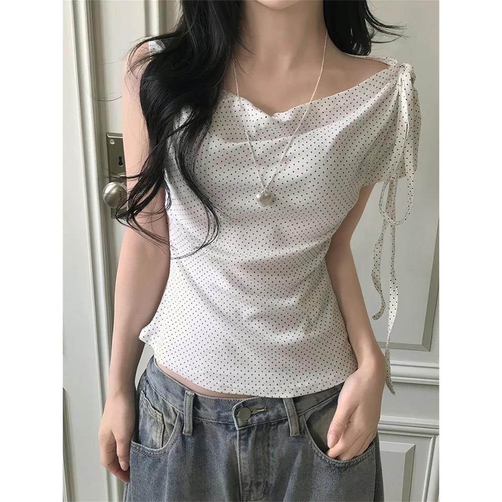 Elegant Polka Dot Bow Tied Off Shoulder Summer Top Women Irregular Short Sleeve T Shirt Korean Slim Fit Casual Plain Tees