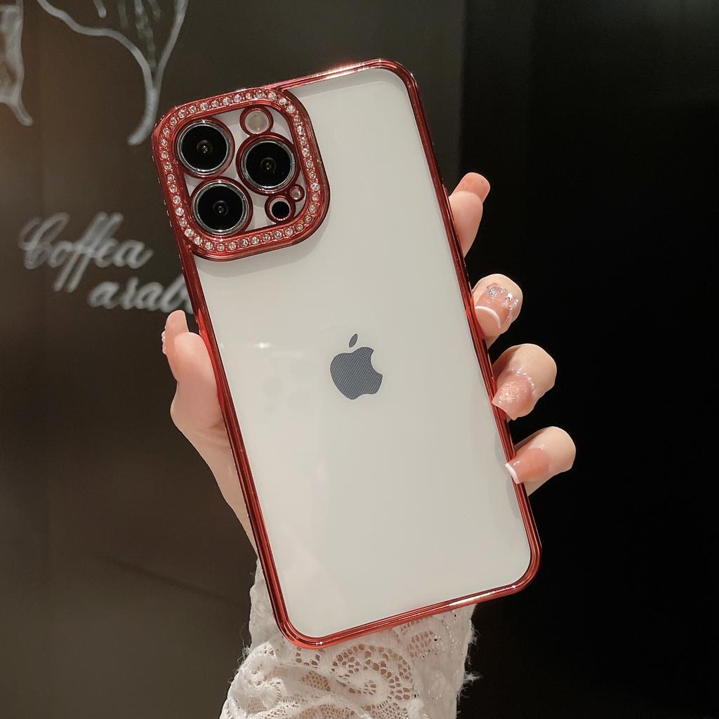 Suitable for IPhone16 Phone Case Electroplated with Full Diamond Lens, Creative Transparent TPU Soft Case 14 Protective Case for Apple 15