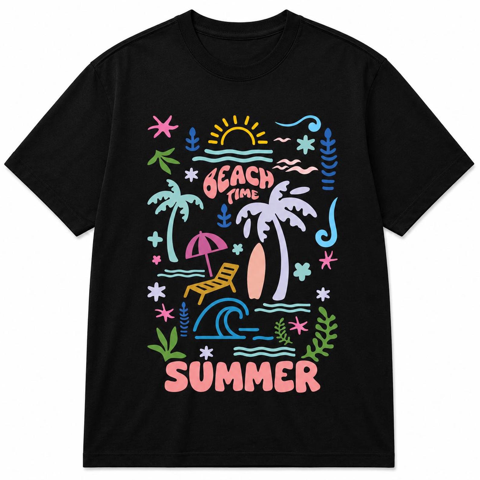 Beach Time Summer T-Shirt – Tropical Palm Trees, Ocean Waves Graphic Tee 3XL