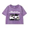 Damen Baumwolle Gewaschene T-Shirts Street Regular O-Ausschnitt Crop Tees Japanischer Stil Cooles Auto Puzzle Print Kurzarm Kleidung