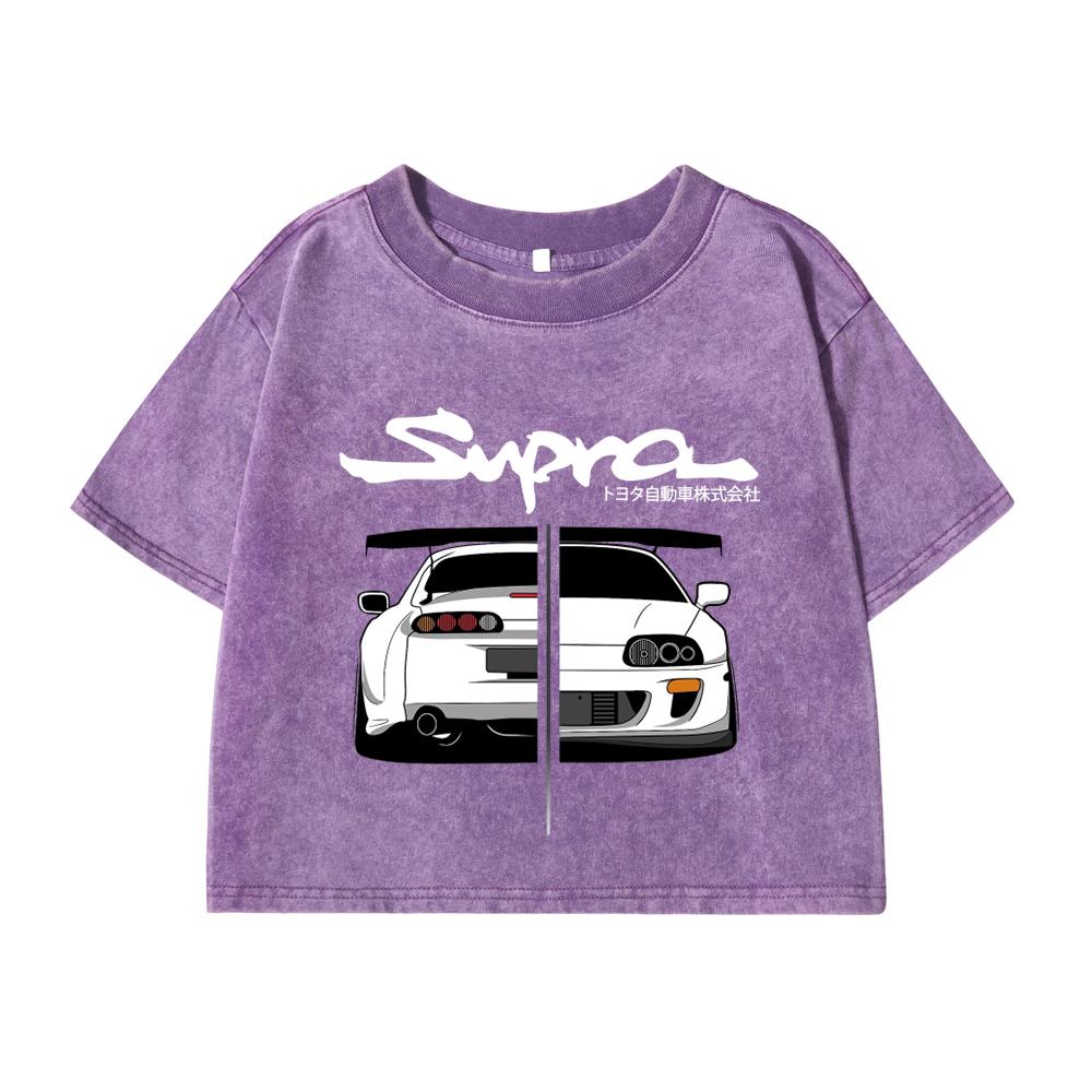 Damen Baumwolle Gewaschene T-Shirts Street Regular O-Ausschnitt Crop Tees Japanischer Stil Cooles Auto Puzzle Print Kurzarm Kleidung