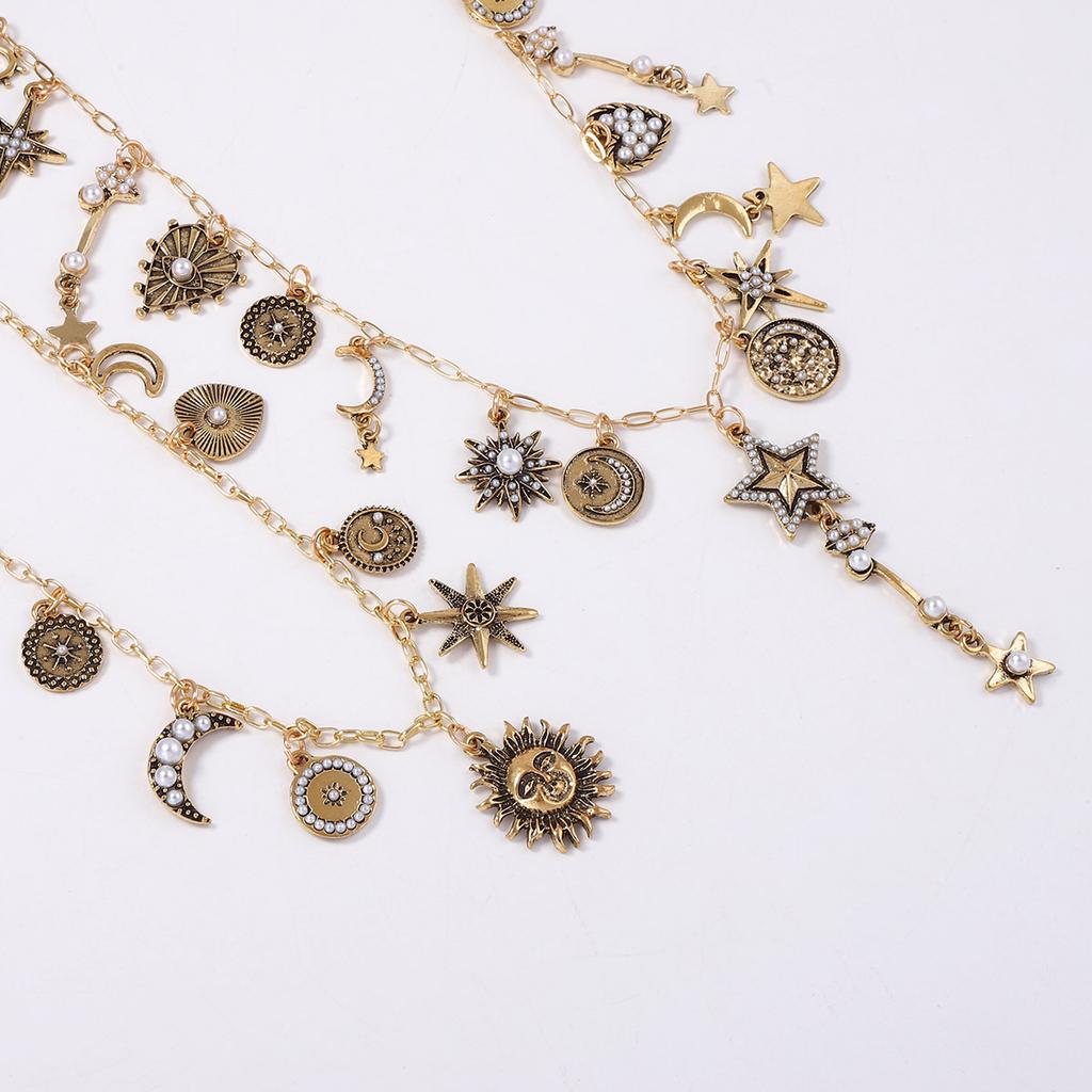 Personality trend retro light luxury style ancient gold alloy sun moon stars stacked chain necklace woman