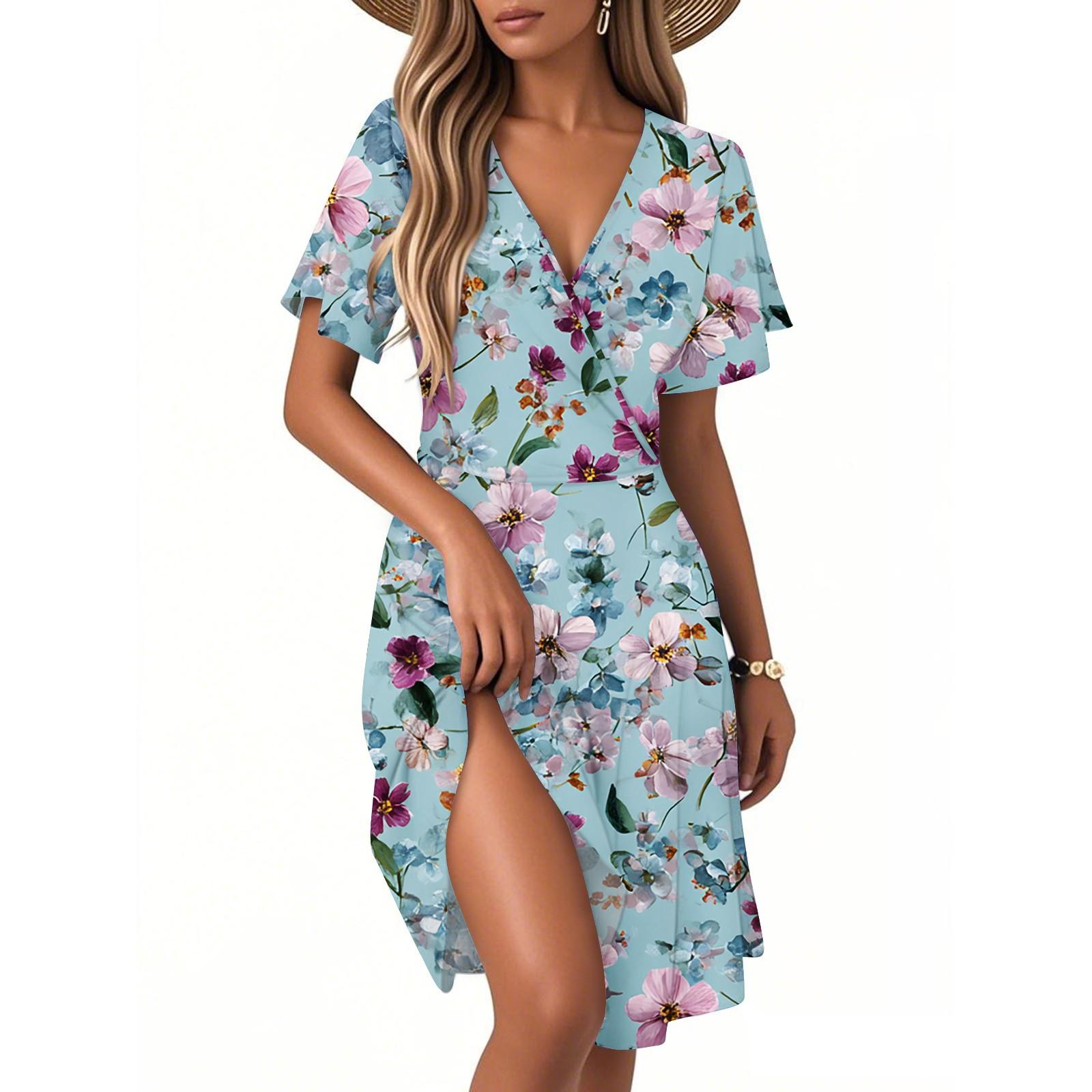 

Women s Fashion Short Sleeve Wrap Sundress V-Neck Floral Print Dresses XL небо синє кольору