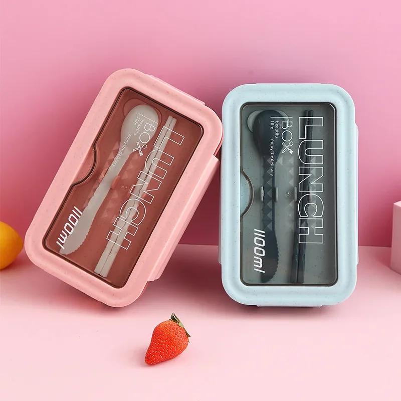 Portable 1100ML Plastic Food Storage Container, Bento Case, Leak - Proof, Microwave Heating, with Chopsticks and Spoons