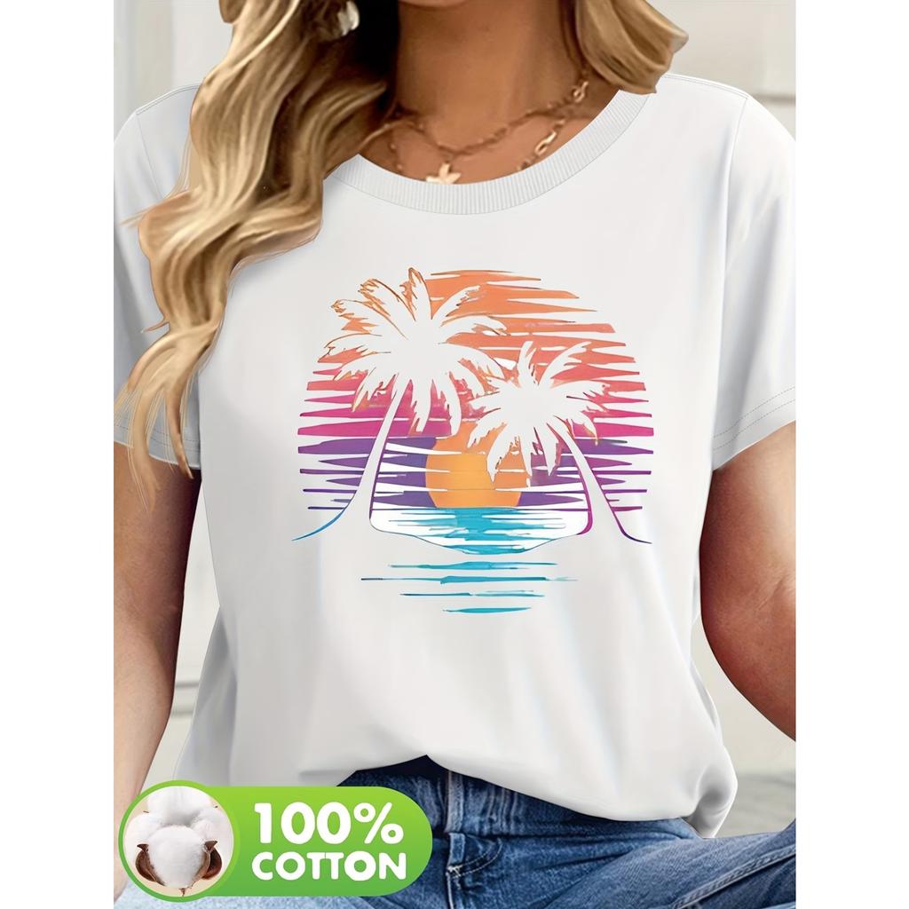 Women's Short-Sleeved T-Shirt with A Seaside Tree Pattern Print, Made of Fabric, Summer Style, T50