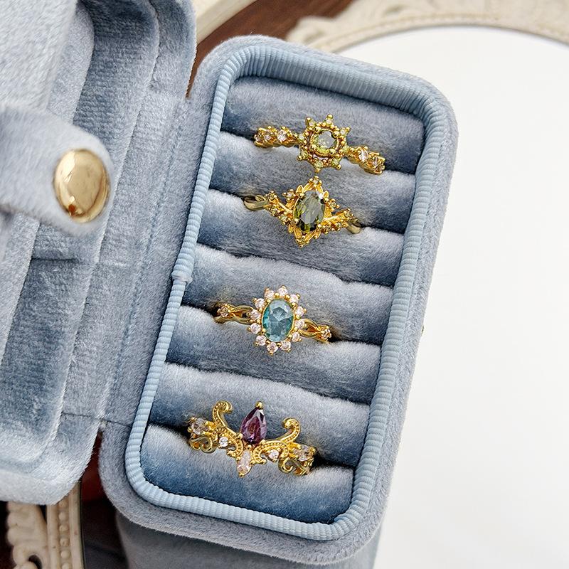 Medieval Vintage Retro Colored Treasure Zir*****Pen Ring Stacked Wearing Temperament Niche Design Light Luxury Index Finger Ring Women