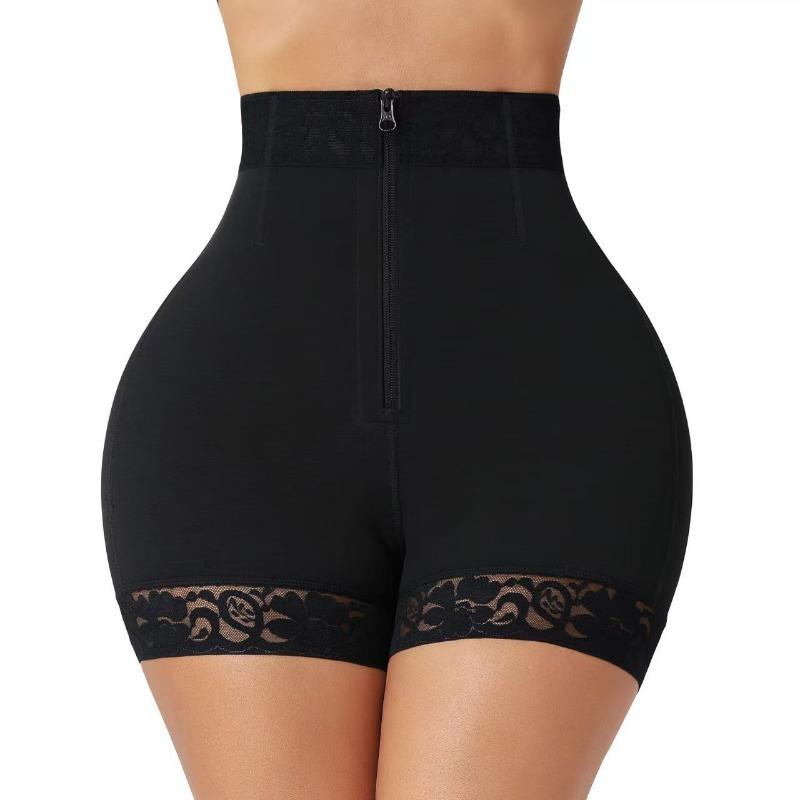 Women High Waist Zipper Front Tummy Control Lace Trim Shapewear Shorts S