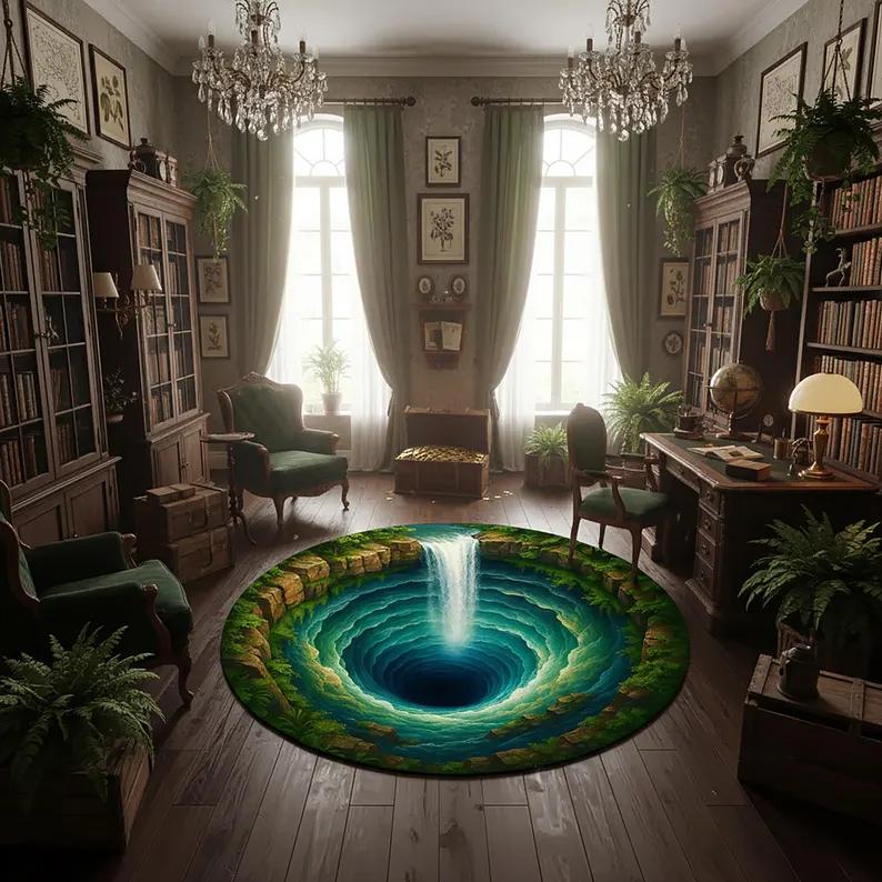 

2D Vortex Waterfall Round Rug 3D Visual Abyss Print NonSlip Floor Mat for Living Room Bedroom Study Creative Home Decor 80cm x 80cm
