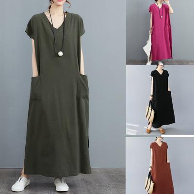 Sommer Vintage Baumwolle und Leinen Locker Kurzärmeliges Kleid