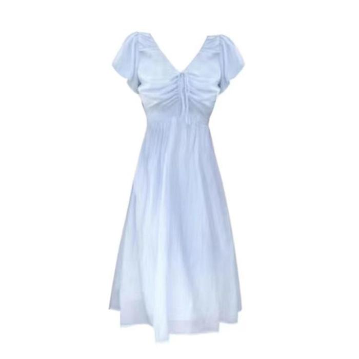 Sasuo's Small French V-neck Bubble Sleeve Dress, New Waist and Thin Milk Blue Super Fairy A-shaped Skirt