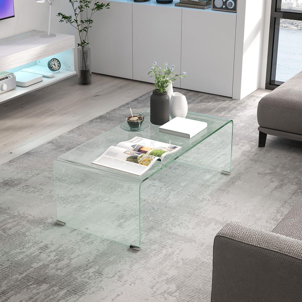 Modern Tempered Glass Living Room Coffee Table with Monobloc Design, 100x50x35 cm, Transparent