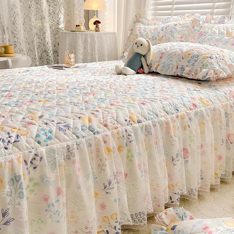 Sábana ajustable acolchada dos en uno, falda de cama, colcha antideslizante de encaje, Funda de colchón