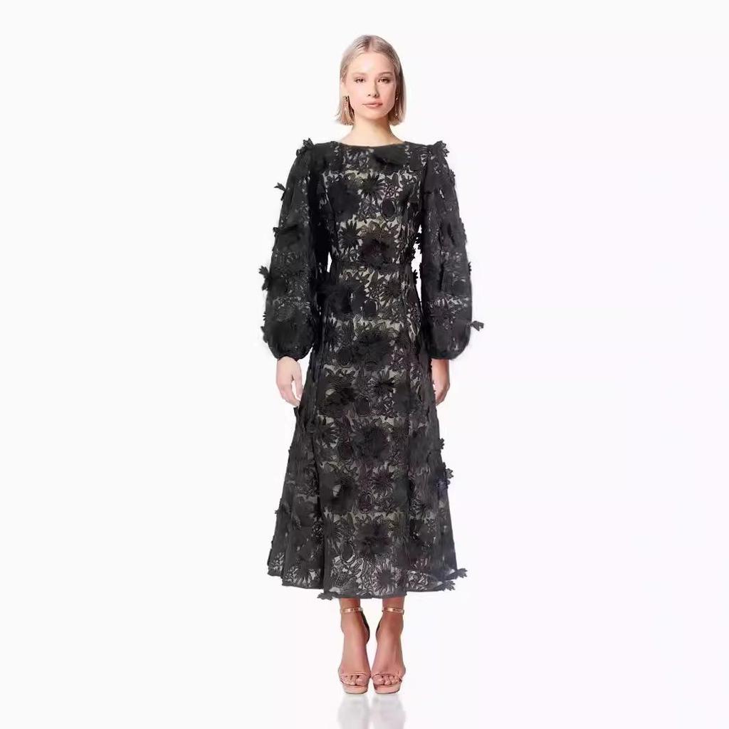 Australian Summer 2024 Floral Round Neck Hollow Waist Long Dress for Women