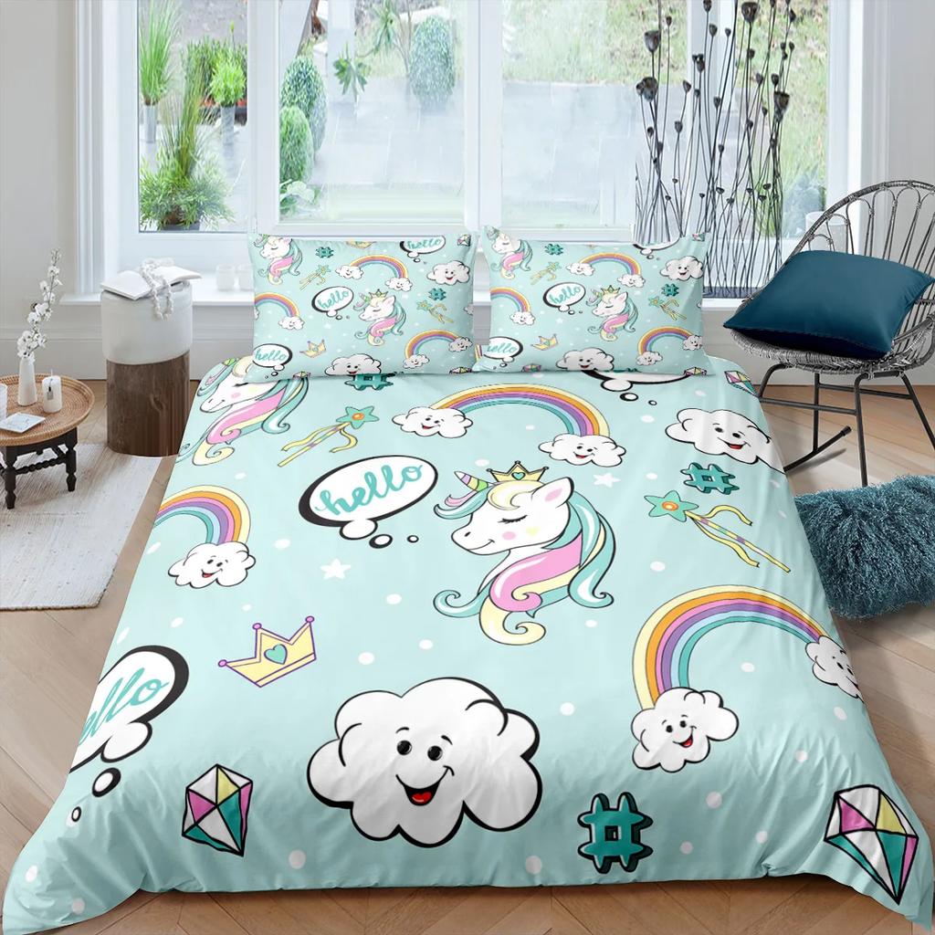 Unicorn Bedding Set King Queen White Pink Unicorn Duvet Cover for Girls Kids Dreamy Cartoon Sparkle Lilac Polyester Quilt Cover