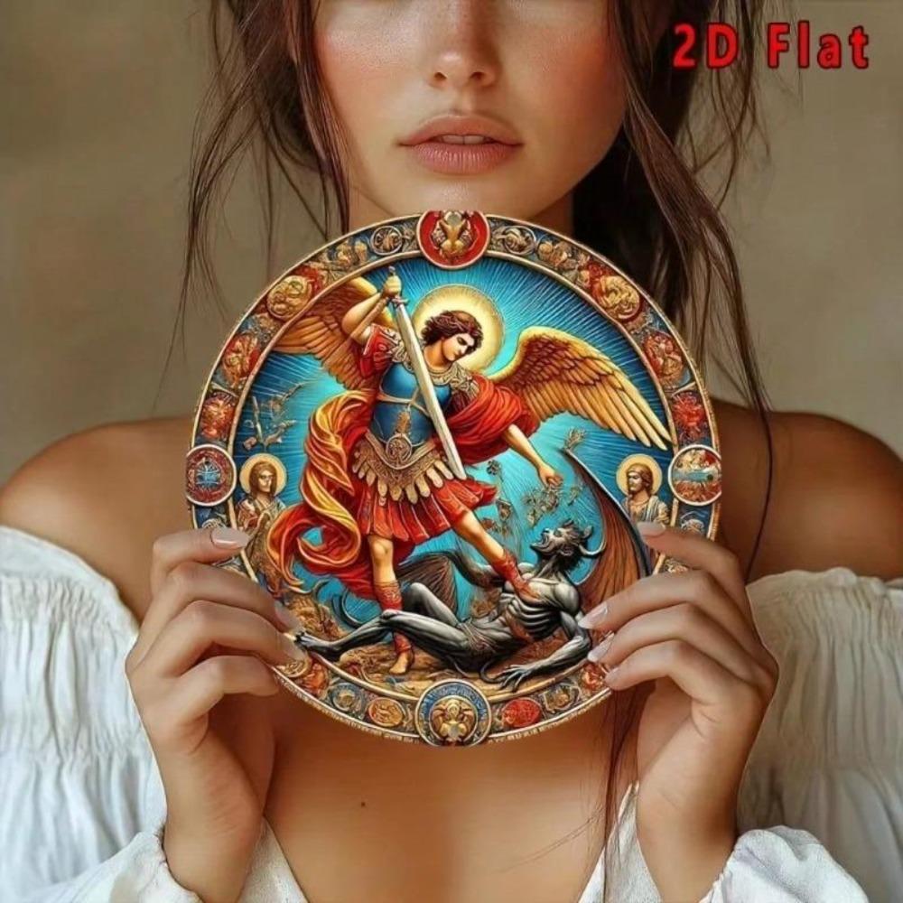 Vintage Round Archangel Michael Defeats Demon Metal Wall Art Aluminum Tin Sign 8x8 Inch