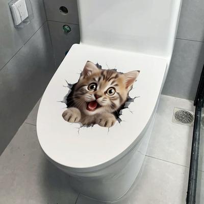 Cute Cat Toilet Sticker, Bathroom Wall Decoration, Removable Waterproof Vinyl Art for WC and Restroom