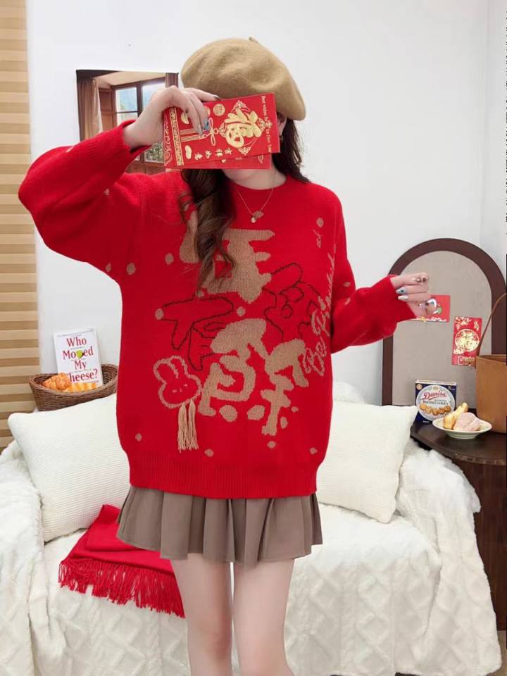 

Новый осенне-зимний ленивый ветер поверх красного вязаного свитера свободный круглый вырез молочный вихрь мягкий восковой праздничный пуловер свитер One size