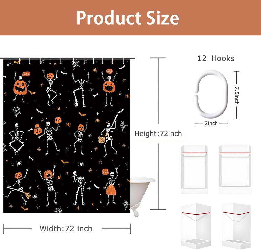Funny Gothic Halloween Shower Curtain, Black White Skeleton Dance Pumpkins Kids Bathroom Decoration, Waterproof Washable