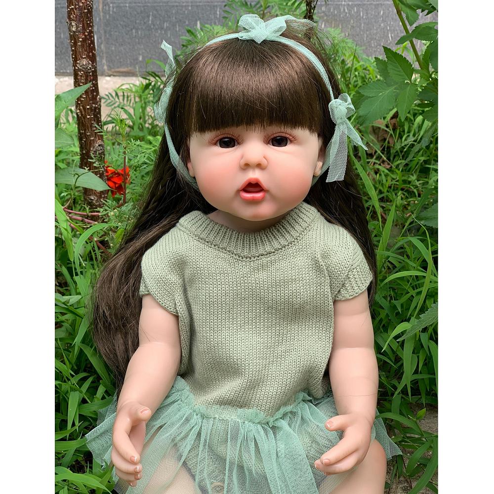 55 CM 22 inch corp din silicon complet renăscut bebeluș păr castaniu păpușă jucărie realistă realistă prințesă copil mic Bebe