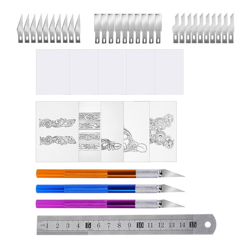 

3 Leather Carving Tool 30 Replaceable Head 10 Carving Tracing Pattern Paper, Rotating Cutting Mat, Leather Working Tool