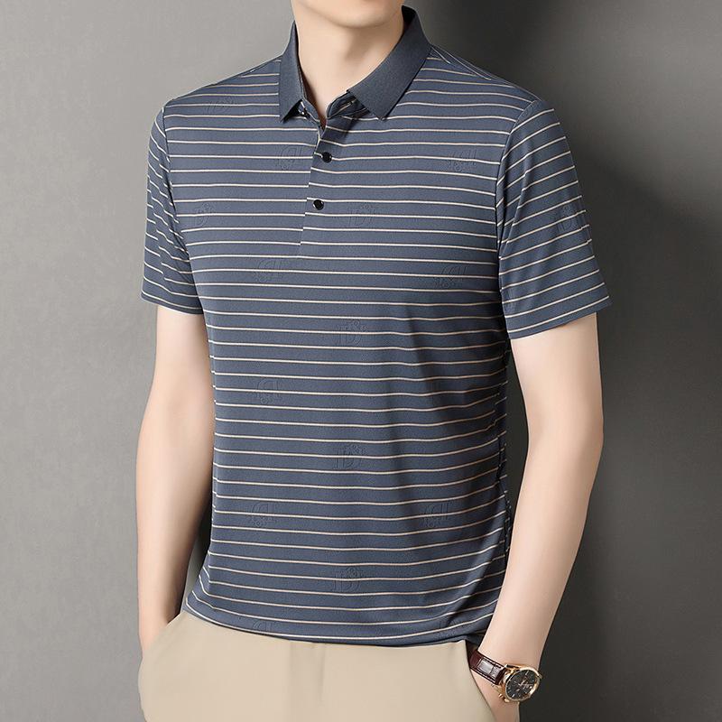 High-End Light Luxury Thin T-Shirt Men'S Striped Lapel Polo Shirt Mulberry Silk Half Sleeve